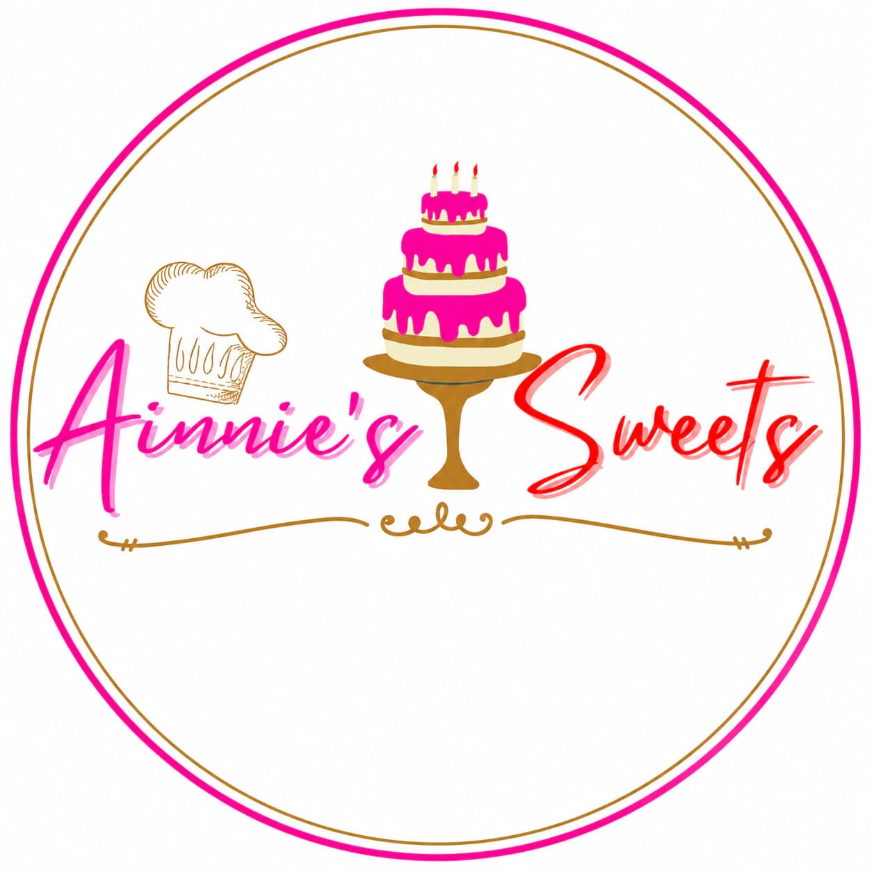 Ainnie's Sweets pink, red, and gold bakery logo with a tiered cake