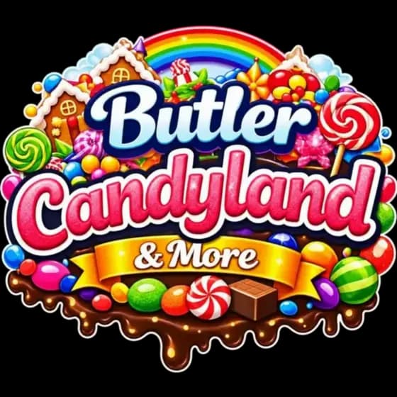 Butler Candyland and More colorful candy shop logo