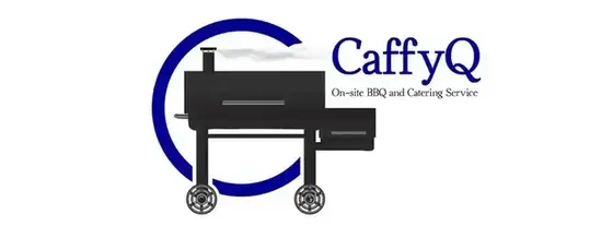 CaffyQ barbecue badge in charcoal and ember orange with rising smoke