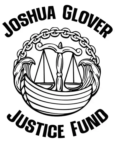 Joshua Glover Justice Fund badge in navy and gold with an open shackle