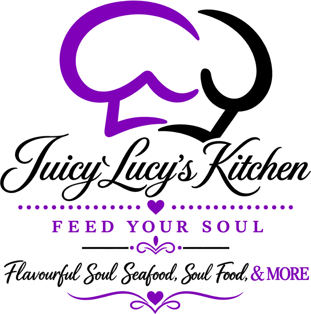 Juicy Lucy's Kitchen purple and black chef-hat logo with Feed Your Soul tagline