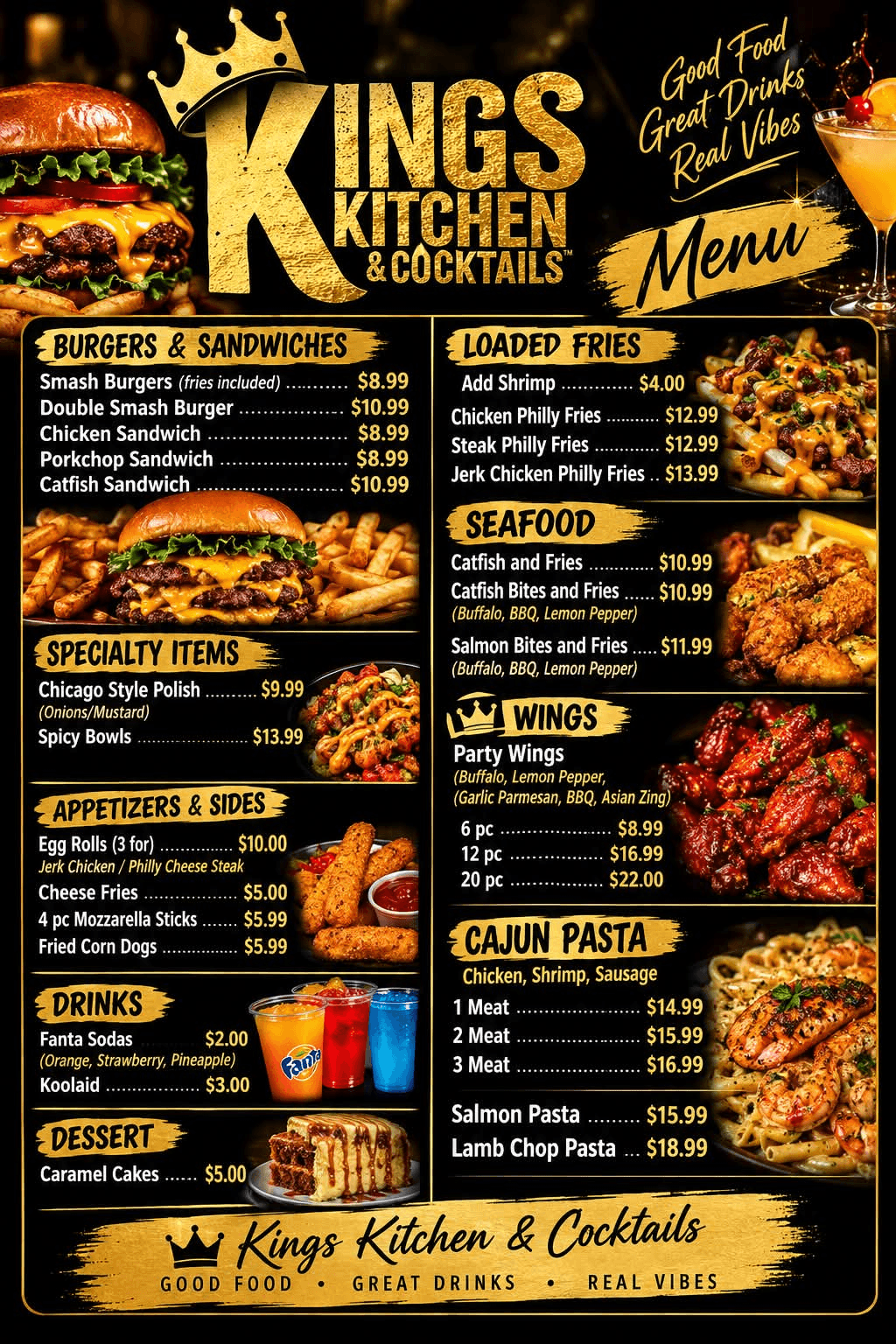 Official Kings Kitchen and Cocktails Motion on Mead food truck menu with burgers, sandwiches, loaded fries, seafood, wings, Cajun pasta, sides, drinks, desserts, and prices