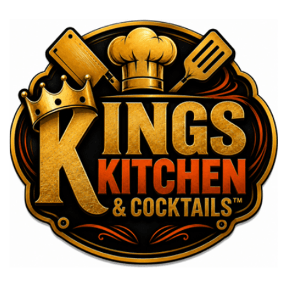 Official Kings Kitchen and Cocktails black, gold, and orange logo
