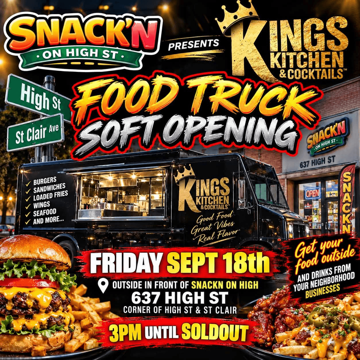 Kings Kitchen and Cocktails food truck soft-opening announcement for September 18 at Snack'n on High St.