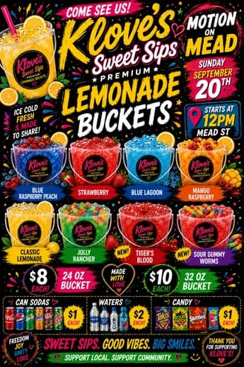 KLove's Motion on Mead flyer showing lemonade bucket flavors, sizes, snacks, and cold drinks