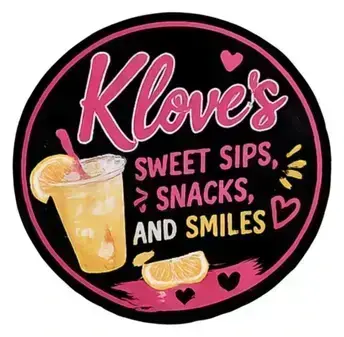 KLove's Sweet Sips, Snacks & Smiles circular black and pink logo with lemonade