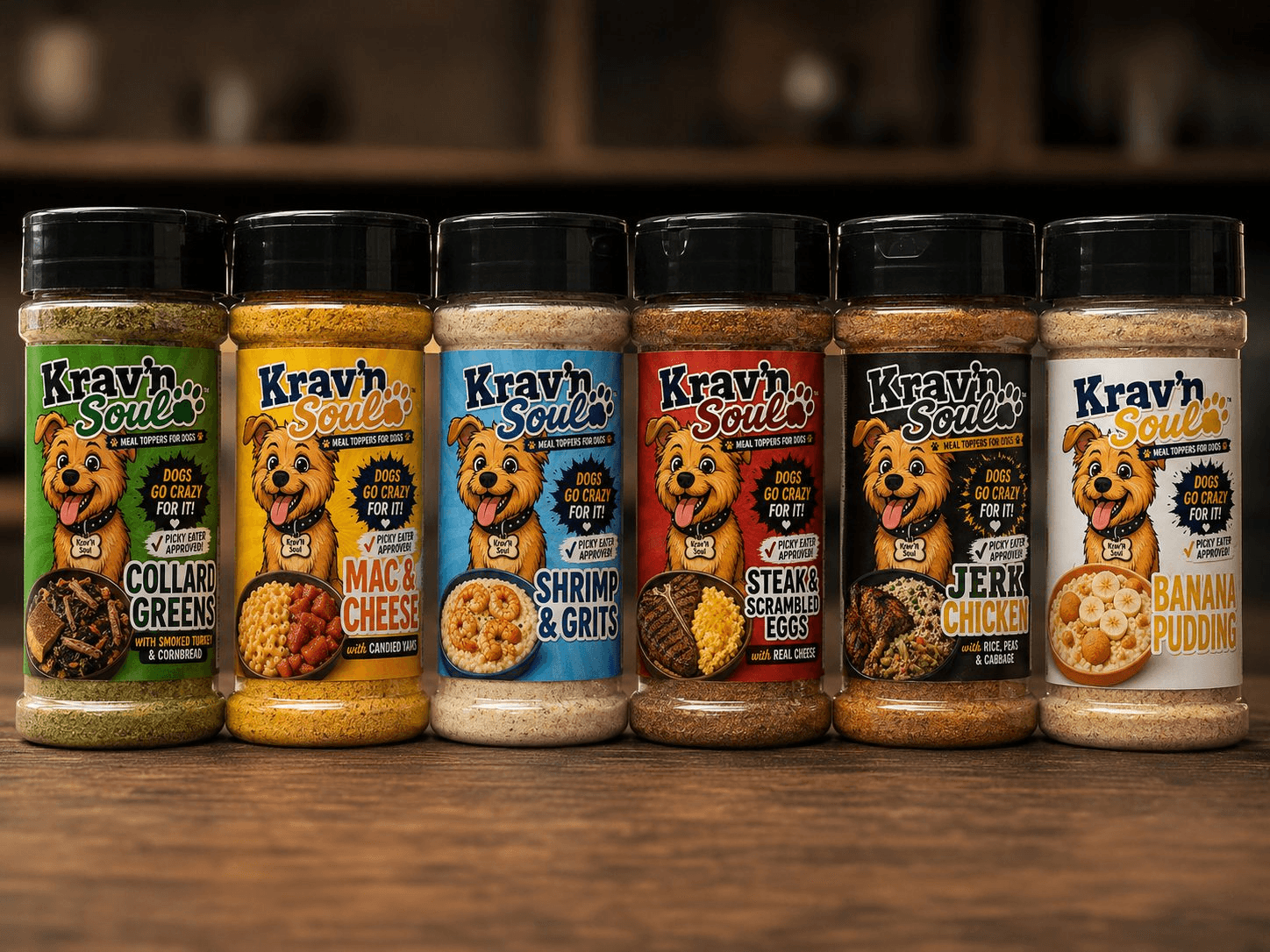 Six Krav'n Soul dog meal toppers in soul-food-inspired flavors