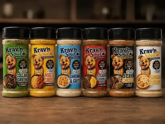 Six Krav'n Soul dog meal toppers in soul-food-inspired flavors