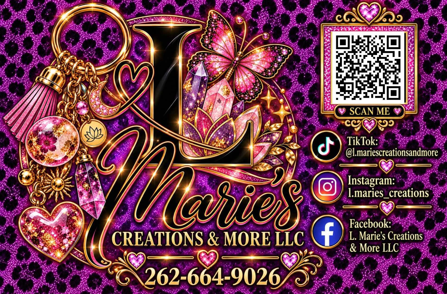 L. Marie's Creations and More purple, pink, black, and gold business card logo
