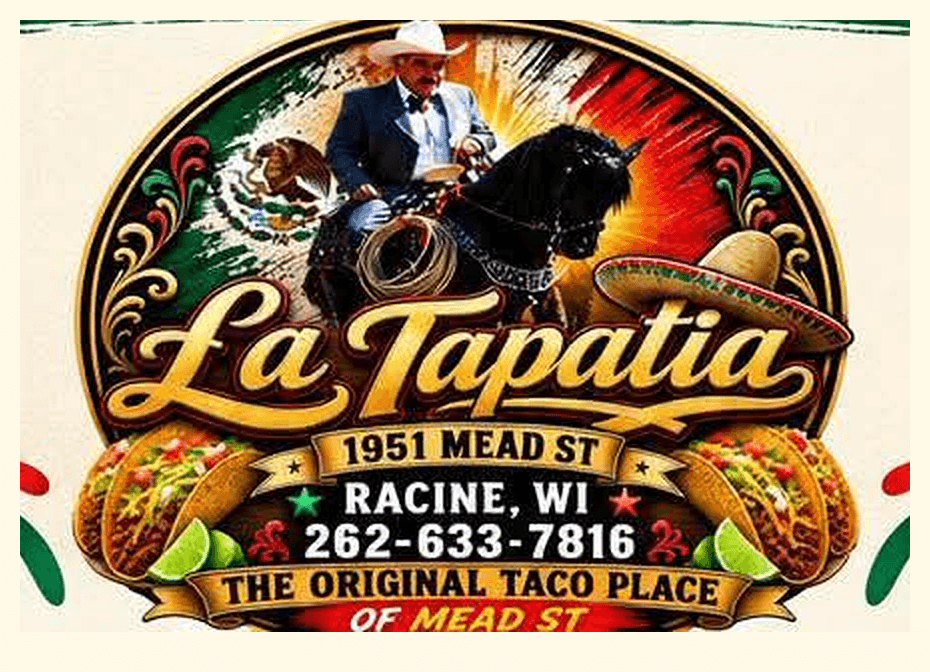 La Tapatia restaurant logo featuring a charro on horseback, tacos, and the 1951 Mead Street address