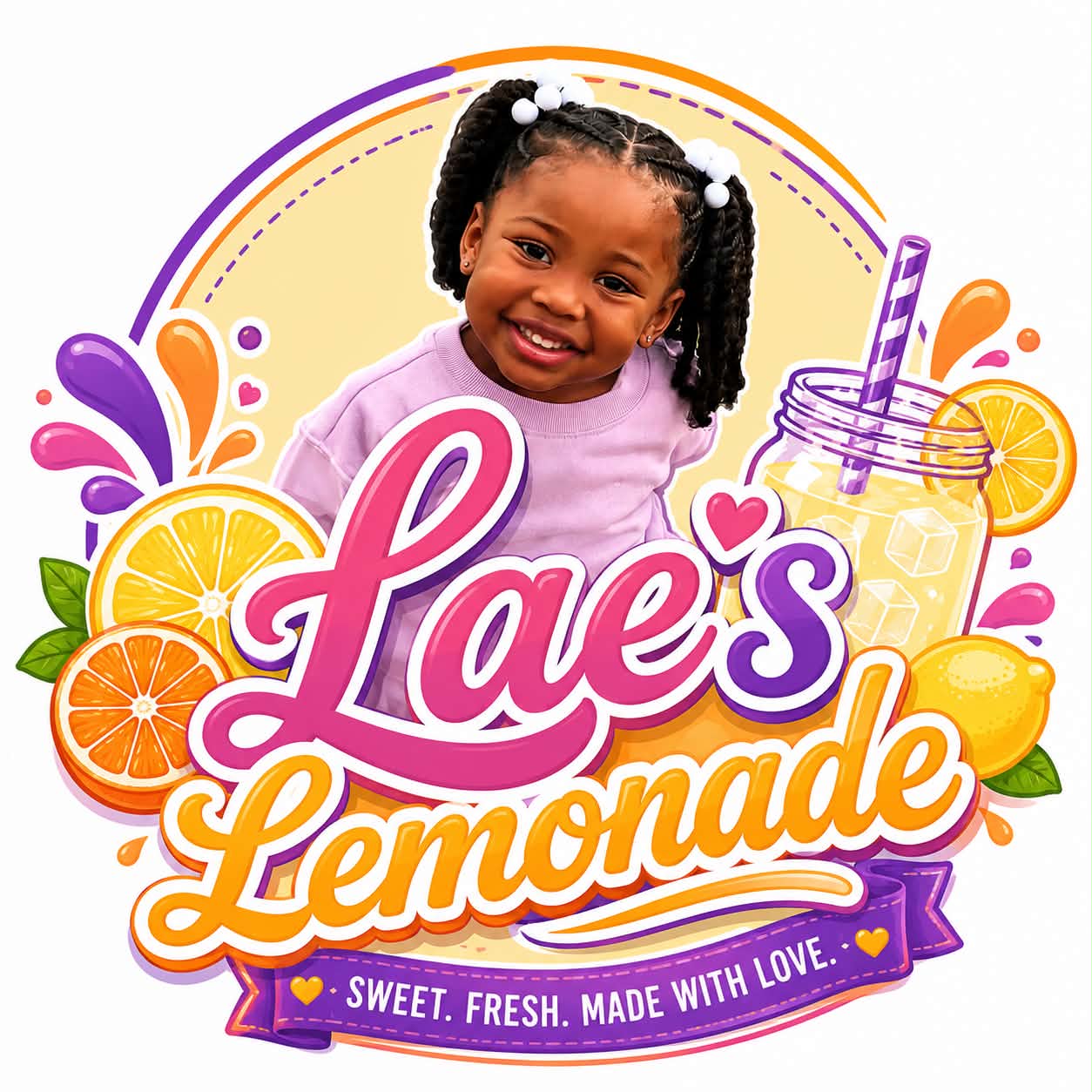 Lae's Lemonade logo featuring the young entrepreneur and colorful citrus artwork
