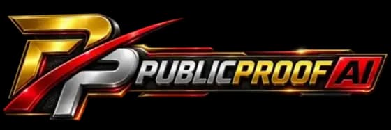 PublicProof AI gold, silver, red, and black wordmark