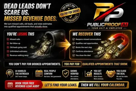 PublicProof AI Revenue Recovery overview showing missed opportunities becoming qualified appointments that show