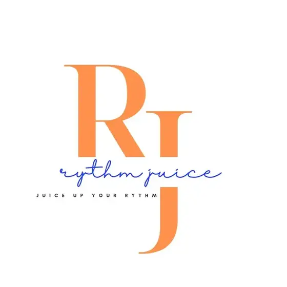 Rythm Juice orange and blue RJ logo with the words Juice Up Your Rythm